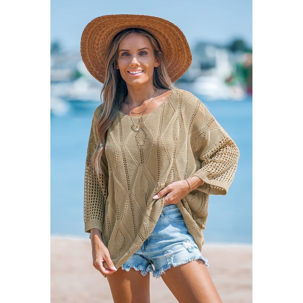 Cupshe Tan Crochet Knit Beach Cover Up Sweater Diamond Pointelle Small NEW - Picture 3 of 7